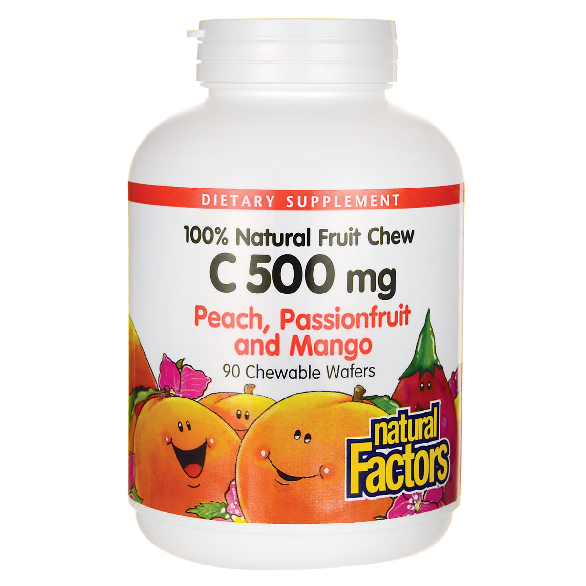 NFC004 | White bottle front label reading 100% Natural Fruit Chew C 500 mg Peach, Passionfruit and Mango 90 Chewable Wafers Natural Factors