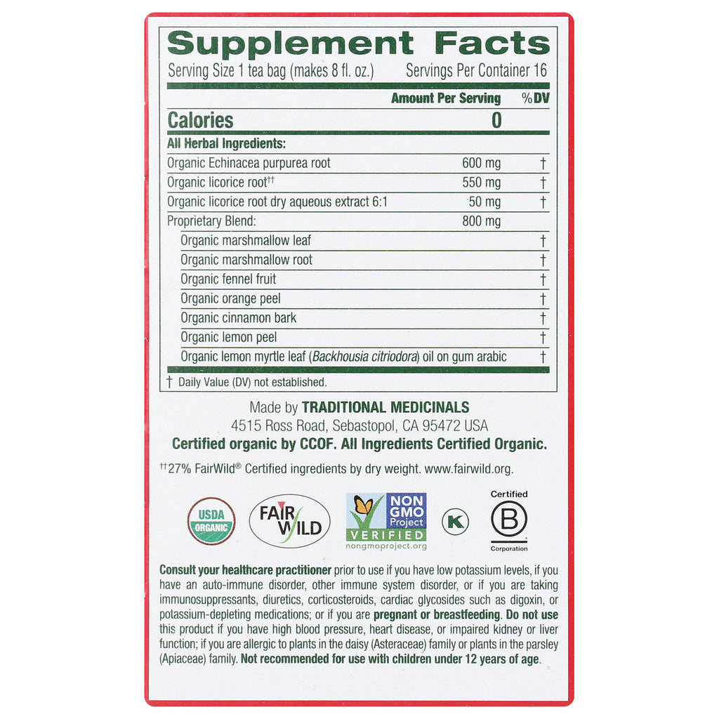TMD022 | Supplement Facts panel with herbal ingredients for Traditional Medicinals tea box; certification icons shown - Thumbnail