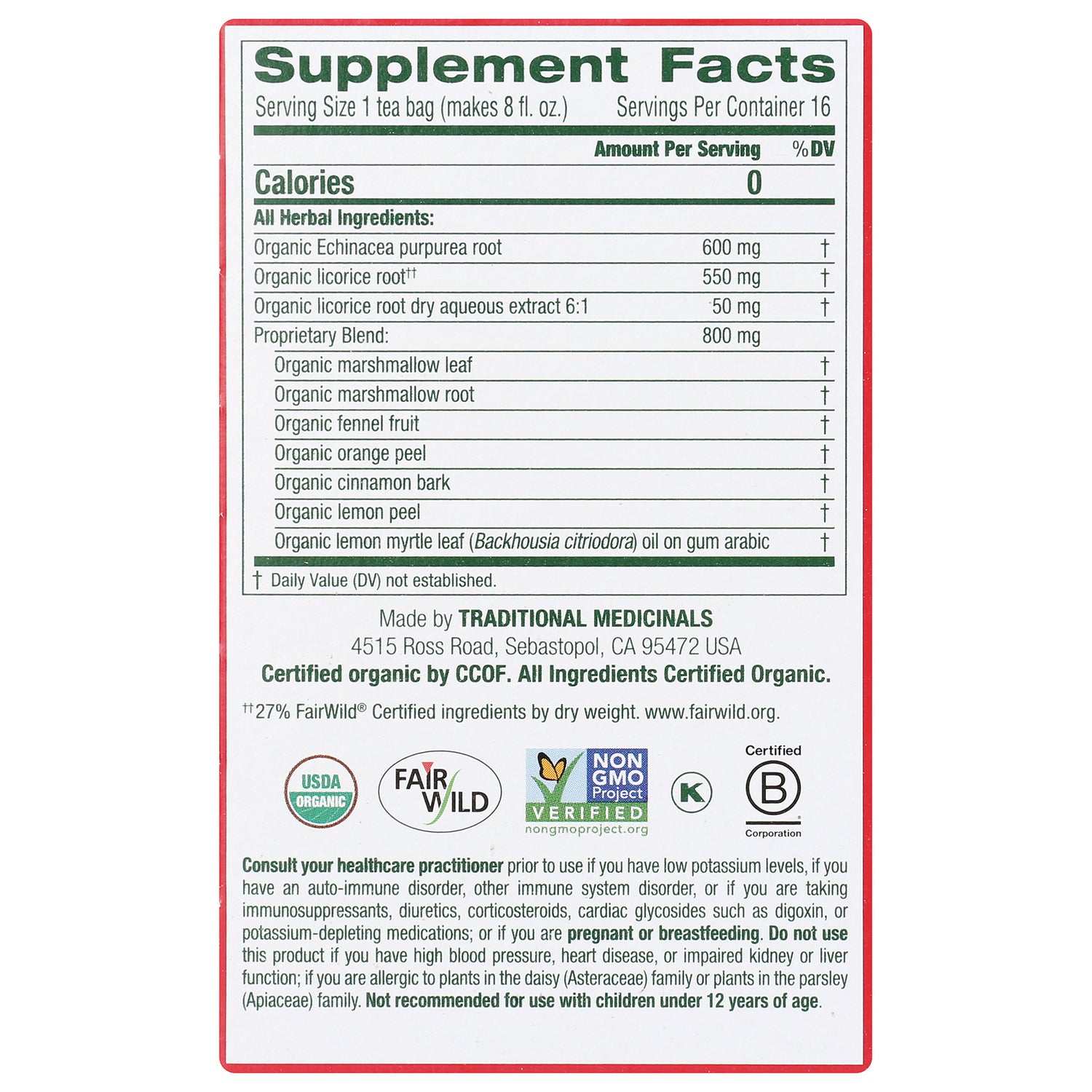 TMD022 | Supplement Facts panel with herbal ingredients for Traditional Medicinals tea box; certification icons shown
