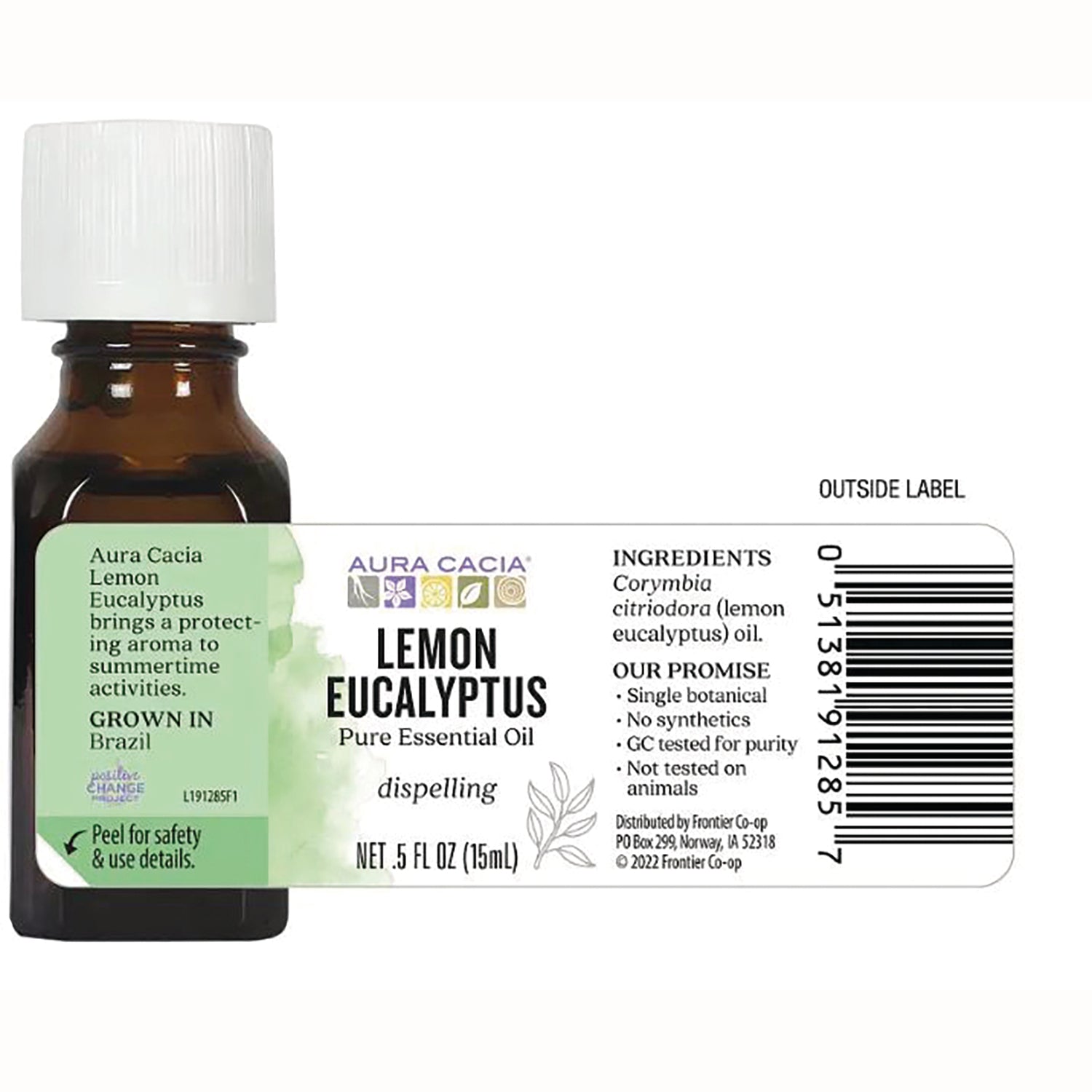ARC036 | back label of Lemon Eucalyptus essential oil bottle showing ingredients, barcode and NET .5 FL OZ (15 mL)