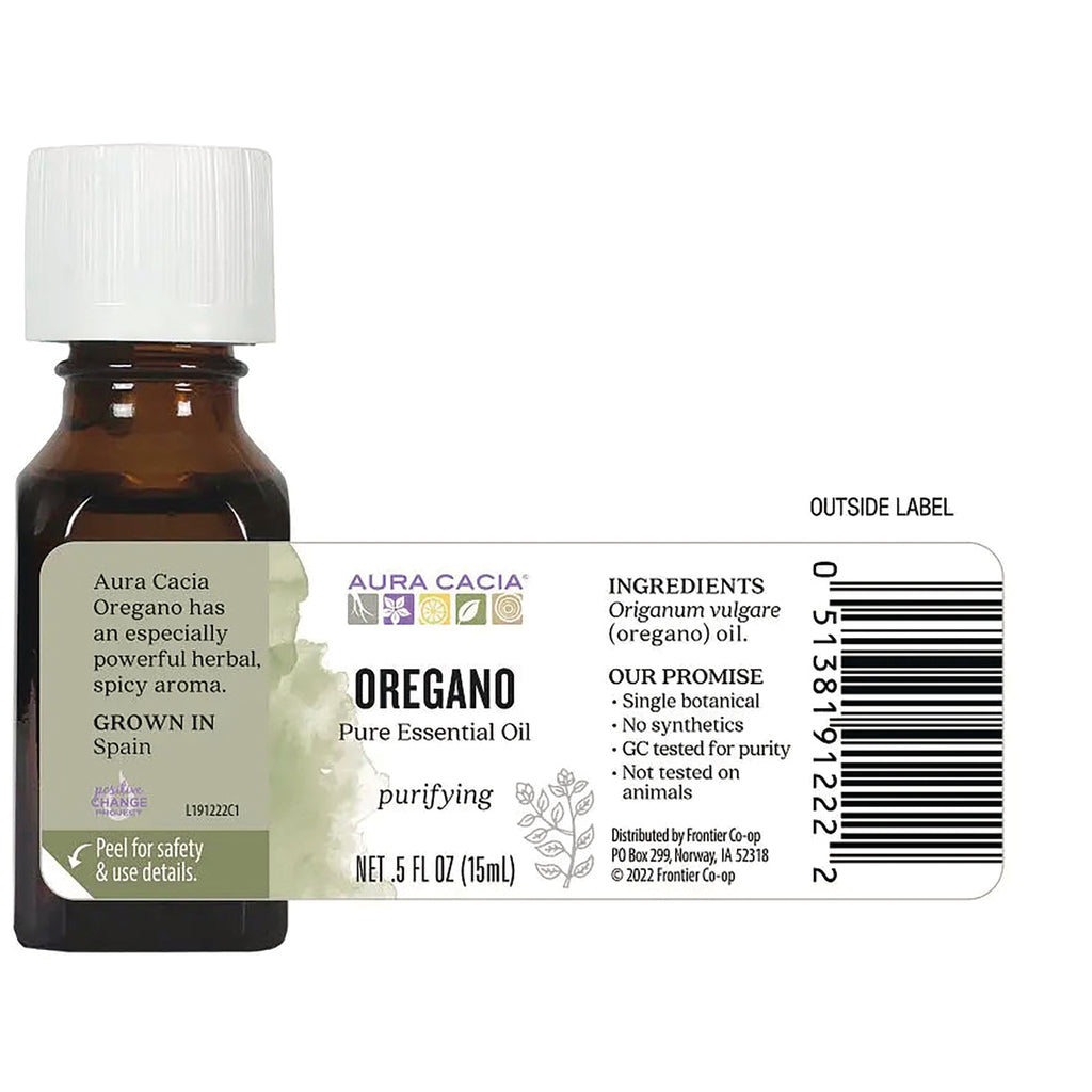 ARC267 | Back label of Aura Cacia Oregano pure essential oil bottle showing ingredients, net .5 FL OZ (15 mL) and barcode - Thumbnail
