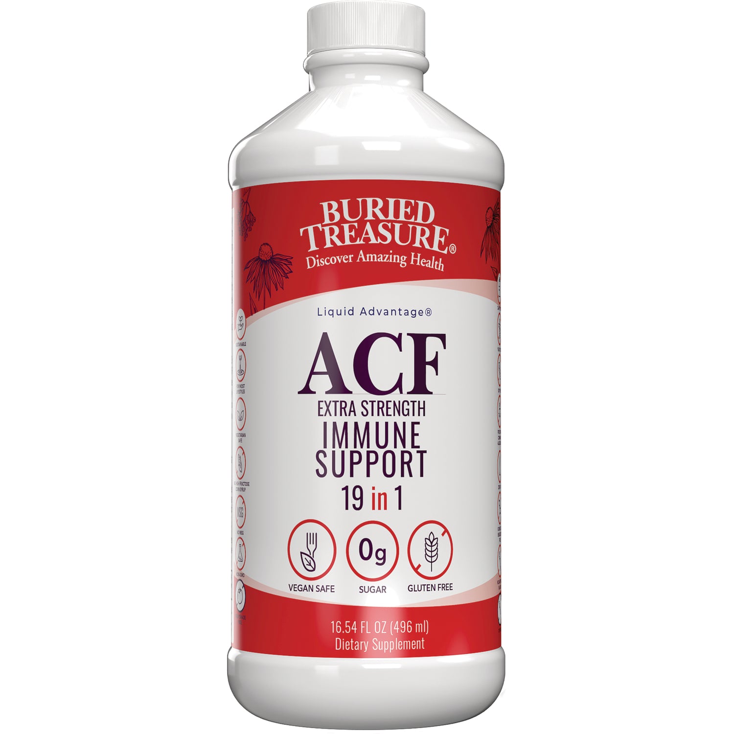 BTR043 | Buried Treasure ACF extra strength immune support liquid bottle 16.54 fl oz labeled vegan safe 0g sugar gluten free