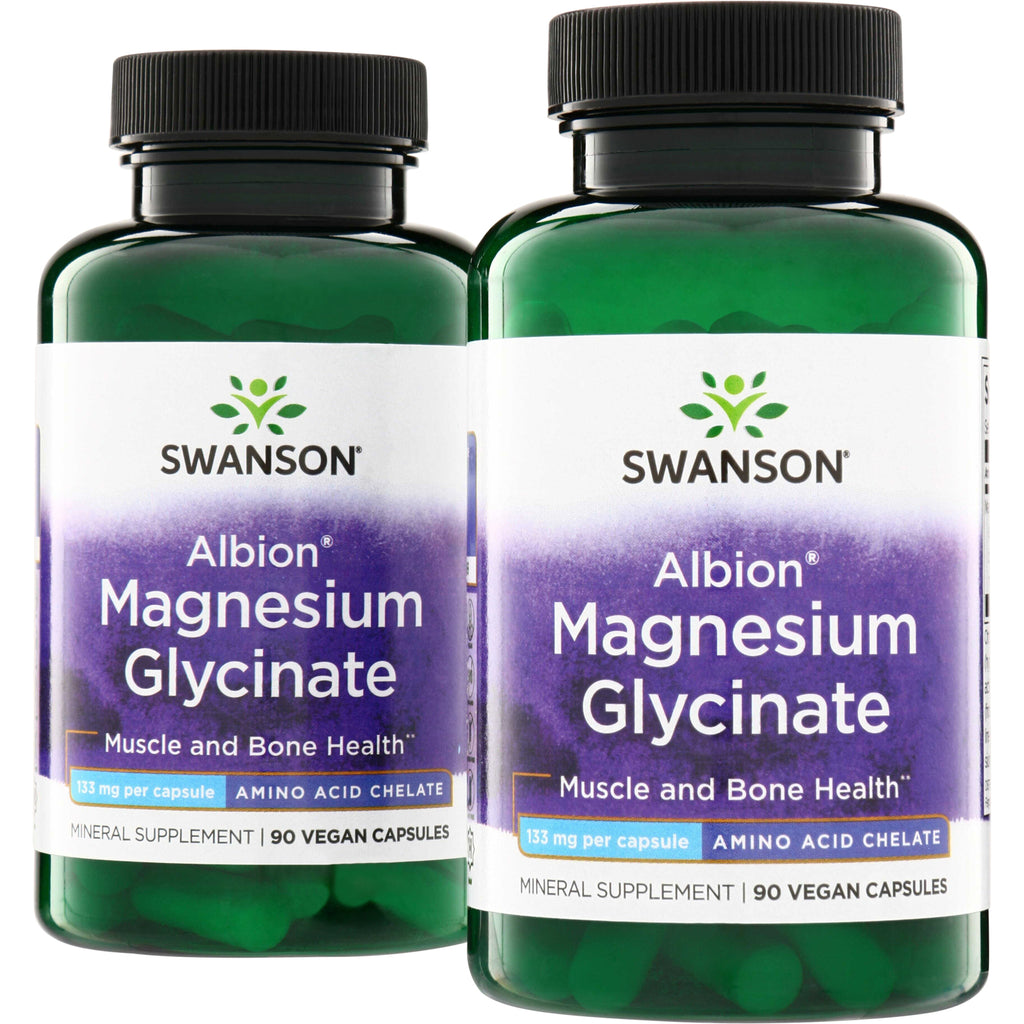 SWU074 | Two Swanson green bottles of Albion Magnesium Glycinate supplement, 90 vegan capsules, 133 mg per capsule - Thumbnail