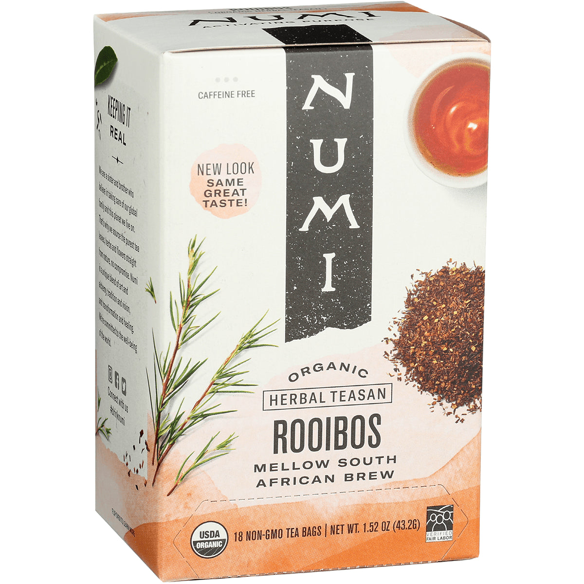 NUM002 | Numi organic Rooibos herbal tea box front showing loose tea, a cup, and USDA Organic badge