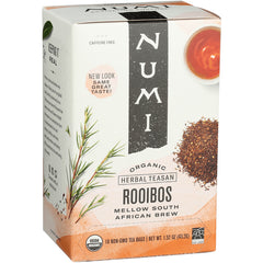 NUM002 | Numi organic Rooibos herbal tea box front showing loose tea, a cup, and USDA Organic badge