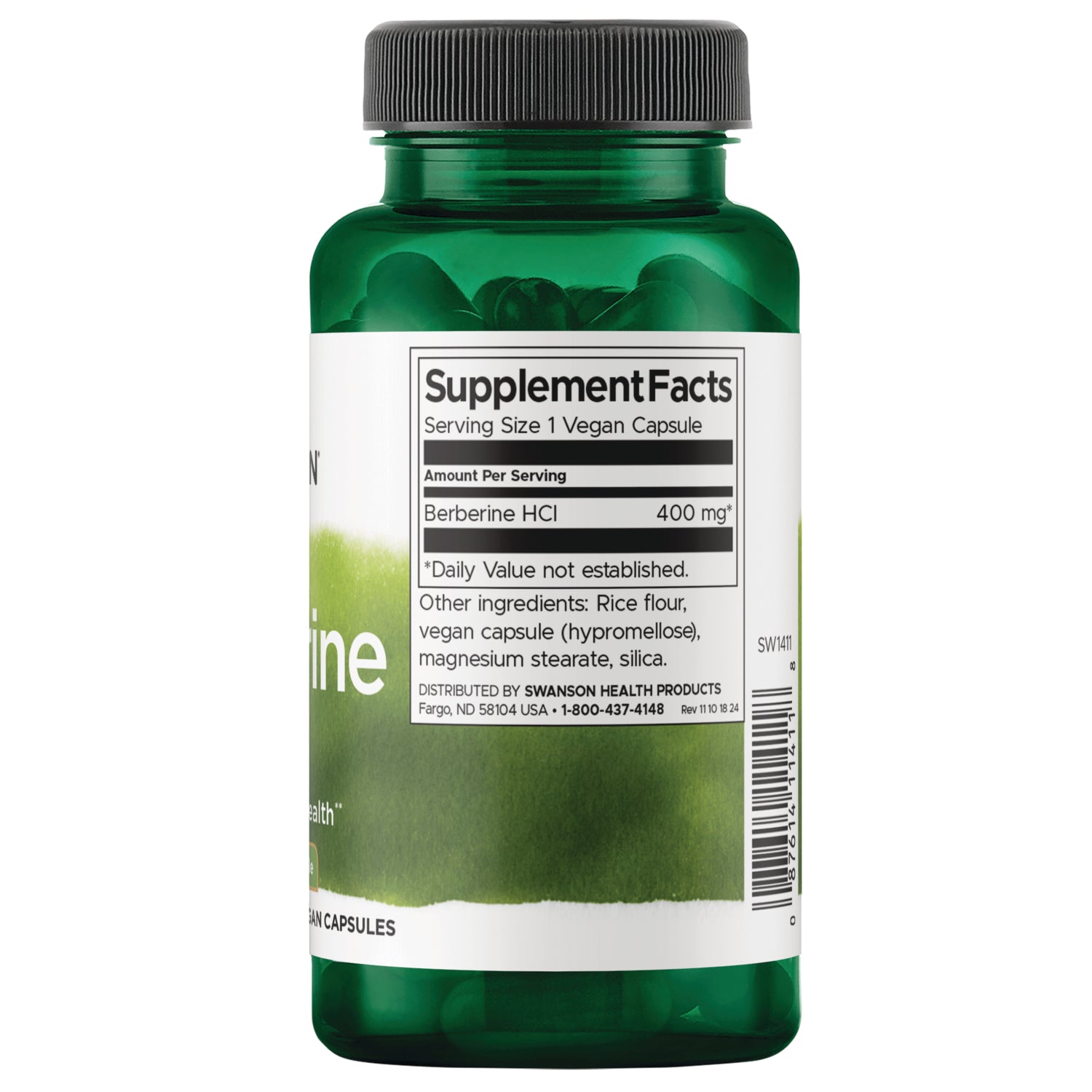 SW1411 | Back label showing Supplement Facts panel and ingredients listing on green bottle