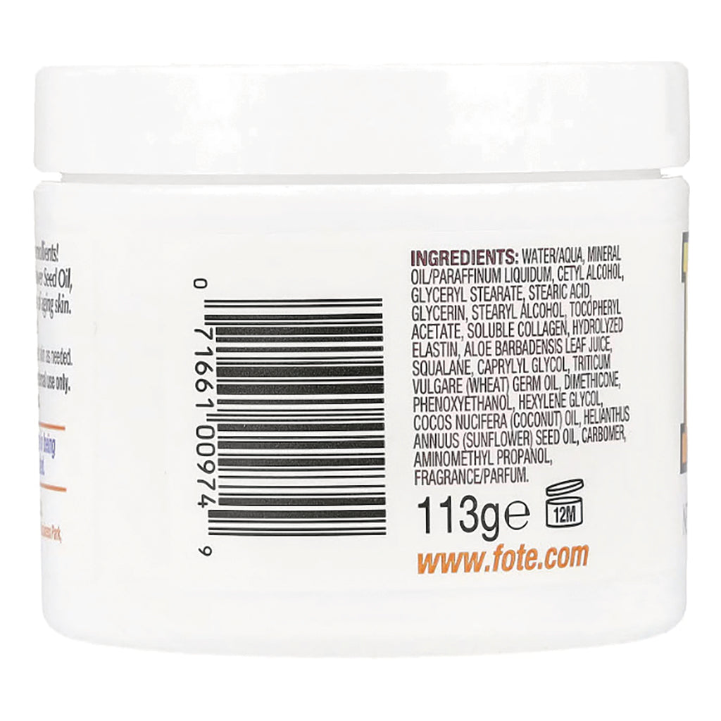 FE009 | Back of white cream jar showing barcode, ingredients list, 113g weight and website www.fote.com - Thumbnail