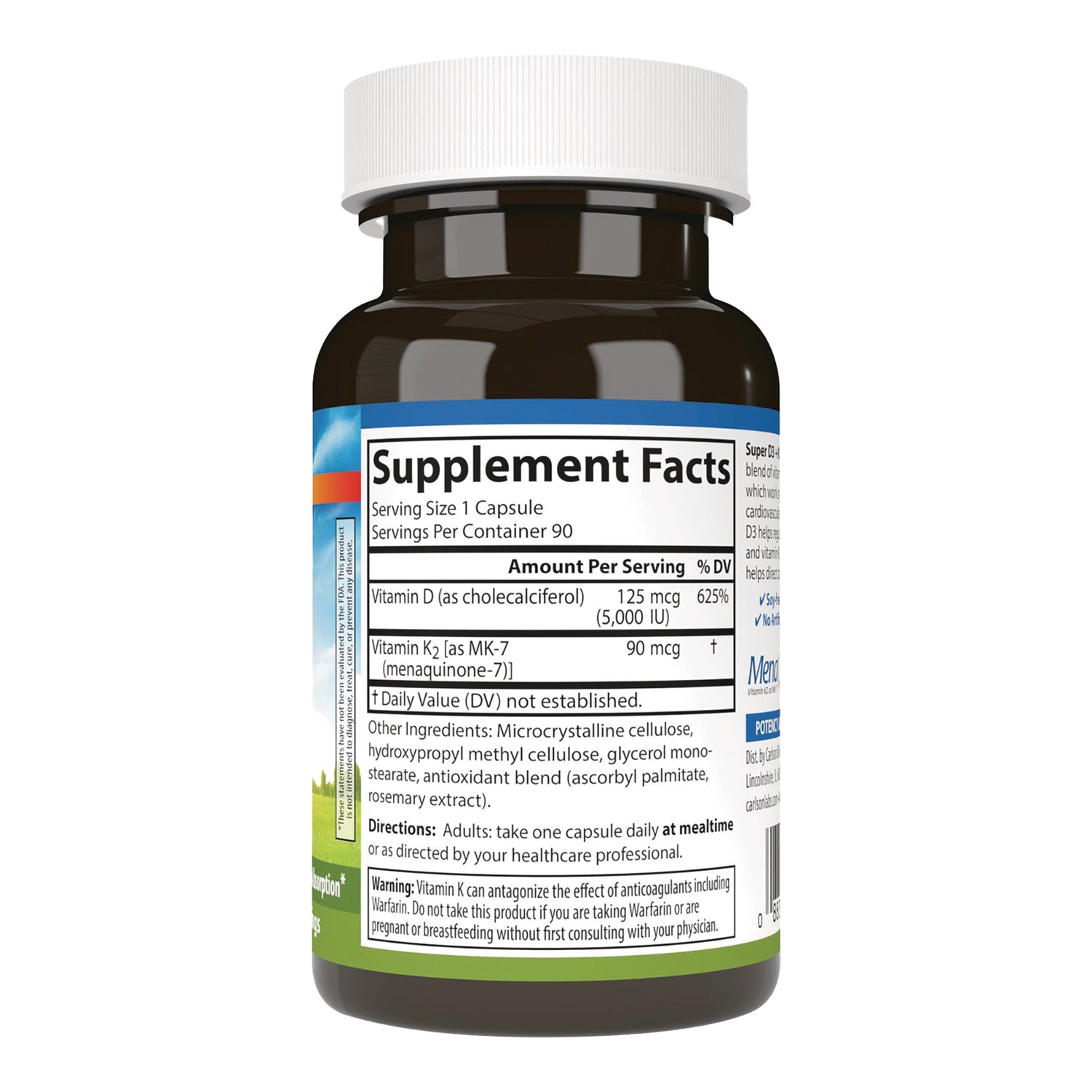 CSN330 | Back of brown supplement bottle showing Supplement Facts label with vitamin D and K2 amounts, ingredients and warning