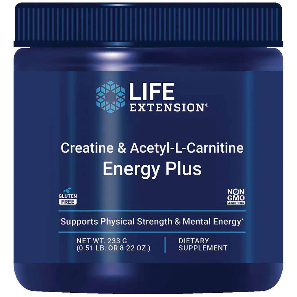 LE592 | Life Extension Energy Plus creatine and acetyl-L-carnitine dietary supplement jar with blue label - Thumbnail