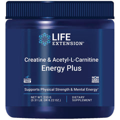 LE592 | Life Extension Energy Plus creatine and acetyl-L-carnitine dietary supplement jar with blue label