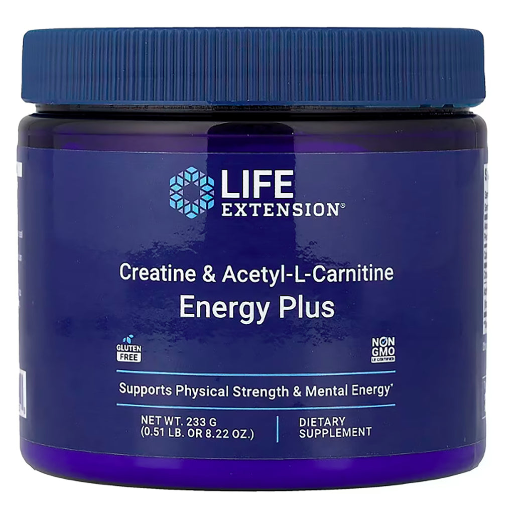 LE592 | Life Extension Energy Plus creatine and acetyl-L-carnitine dietary supplement jar with blue label - Thumbnail