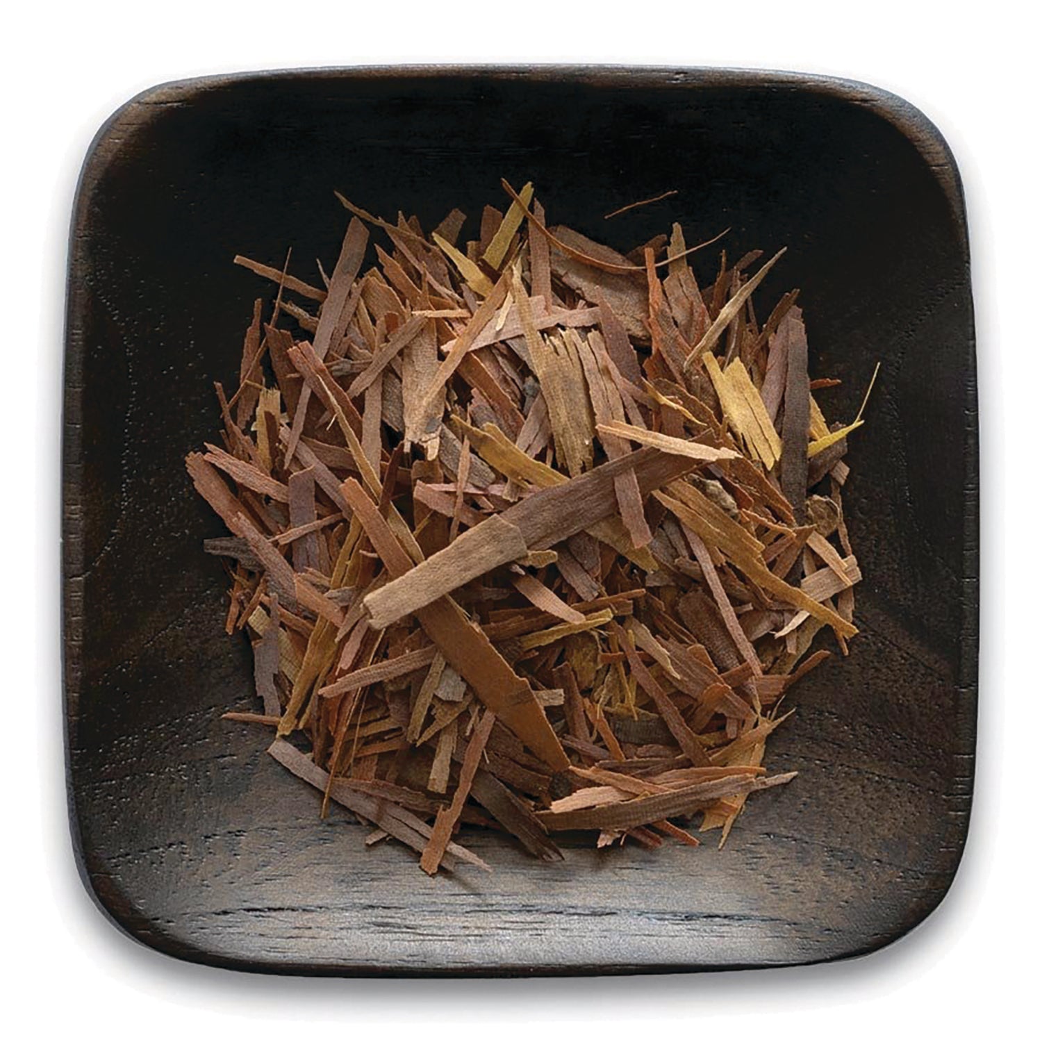 FNP279 | shredded brown bark pieces in a dark square wooden bowl