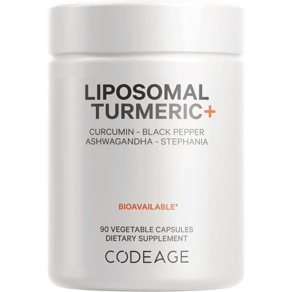 White supplement jar labeled LIPOSOMAL TURMERIC+ with CODEAGE logo and text indicating 90 vegetable capsules dietary supplement - Thumbnail
