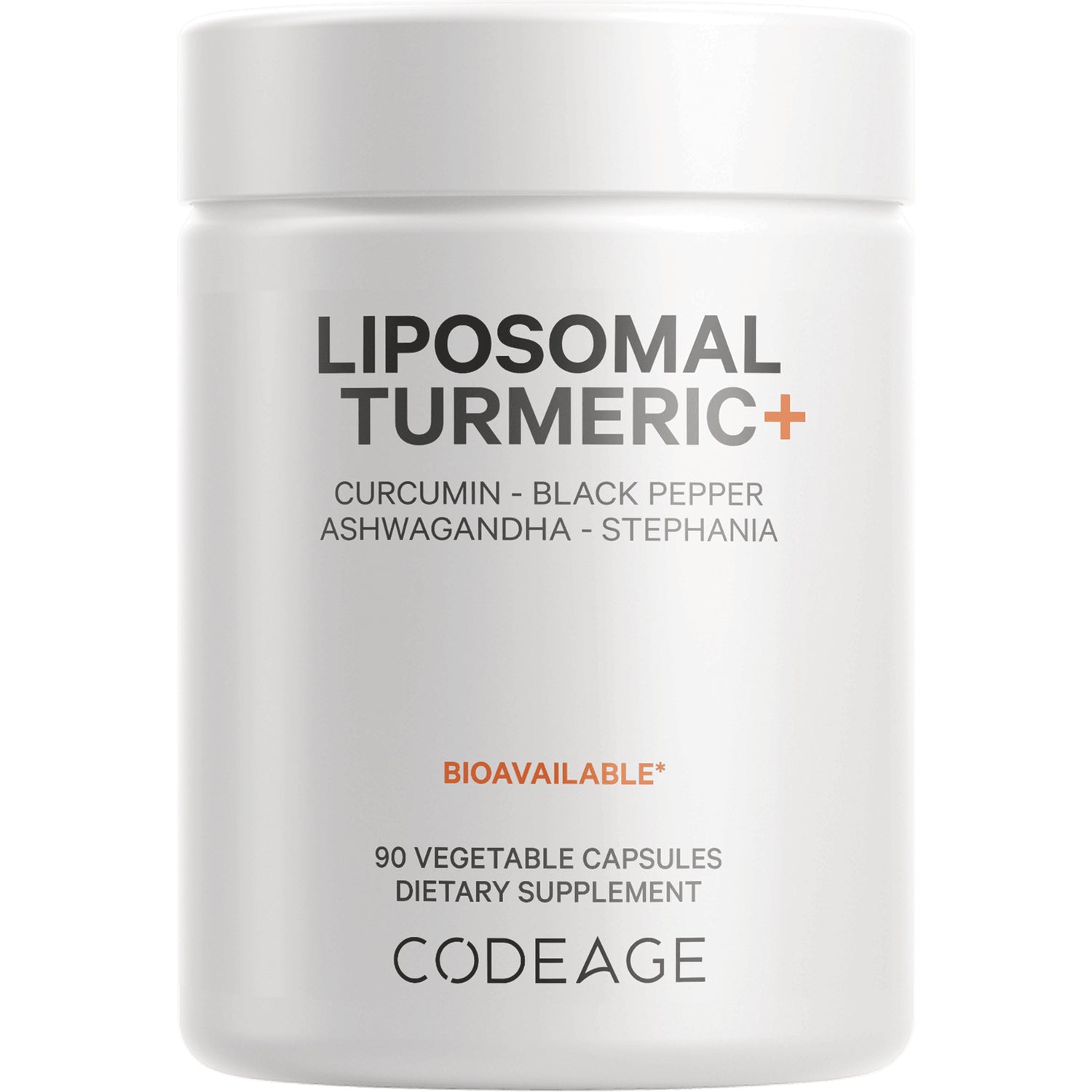 White supplement jar labeled LIPOSOMAL TURMERIC+ with CODEAGE logo and text indicating 90 vegetable capsules dietary supplement