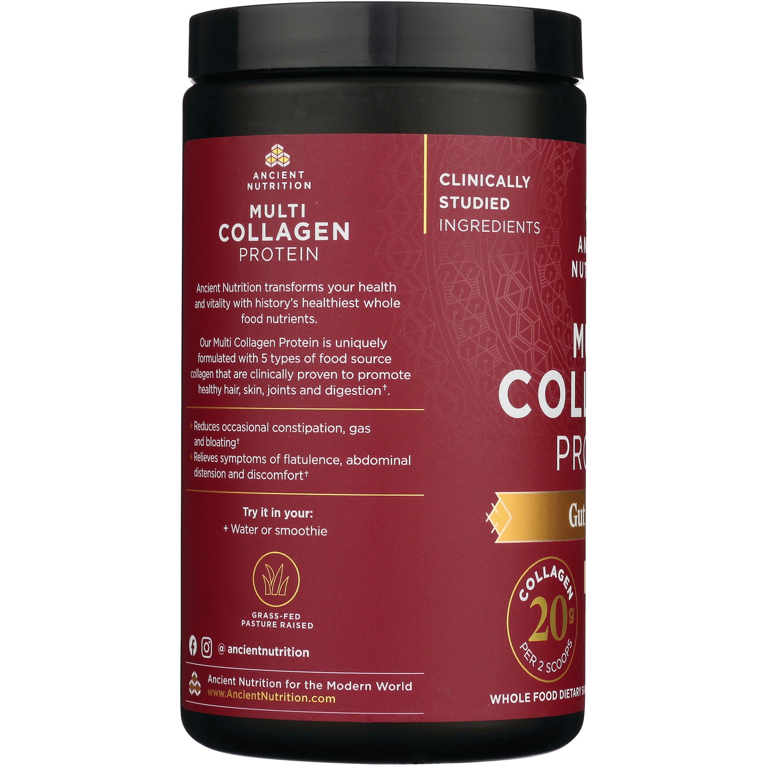 ATN048 | Multi Collagen Protein product infographic panel with benefits, usage tips, and grass-fed badge