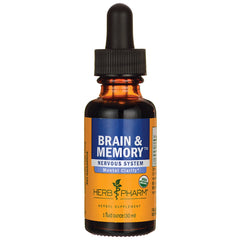 HPH084 | Amber glass dropper bottle labeled BRAIN & MEMORY nervous system Mental Clarity Herb Pharm herbal supplement 1 fl oz