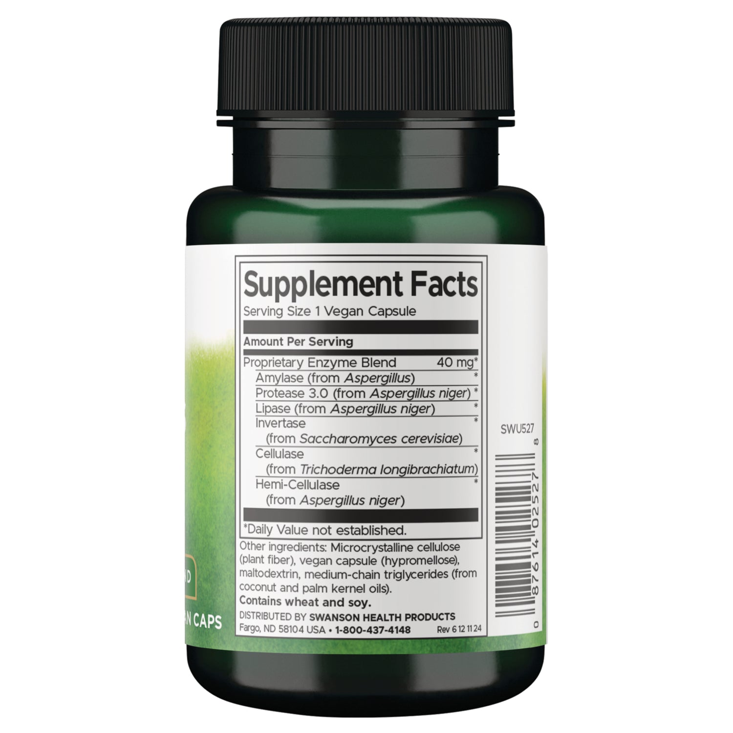 SWU527 | Back label with Supplement Facts panel, serving size 1 vegan capsule