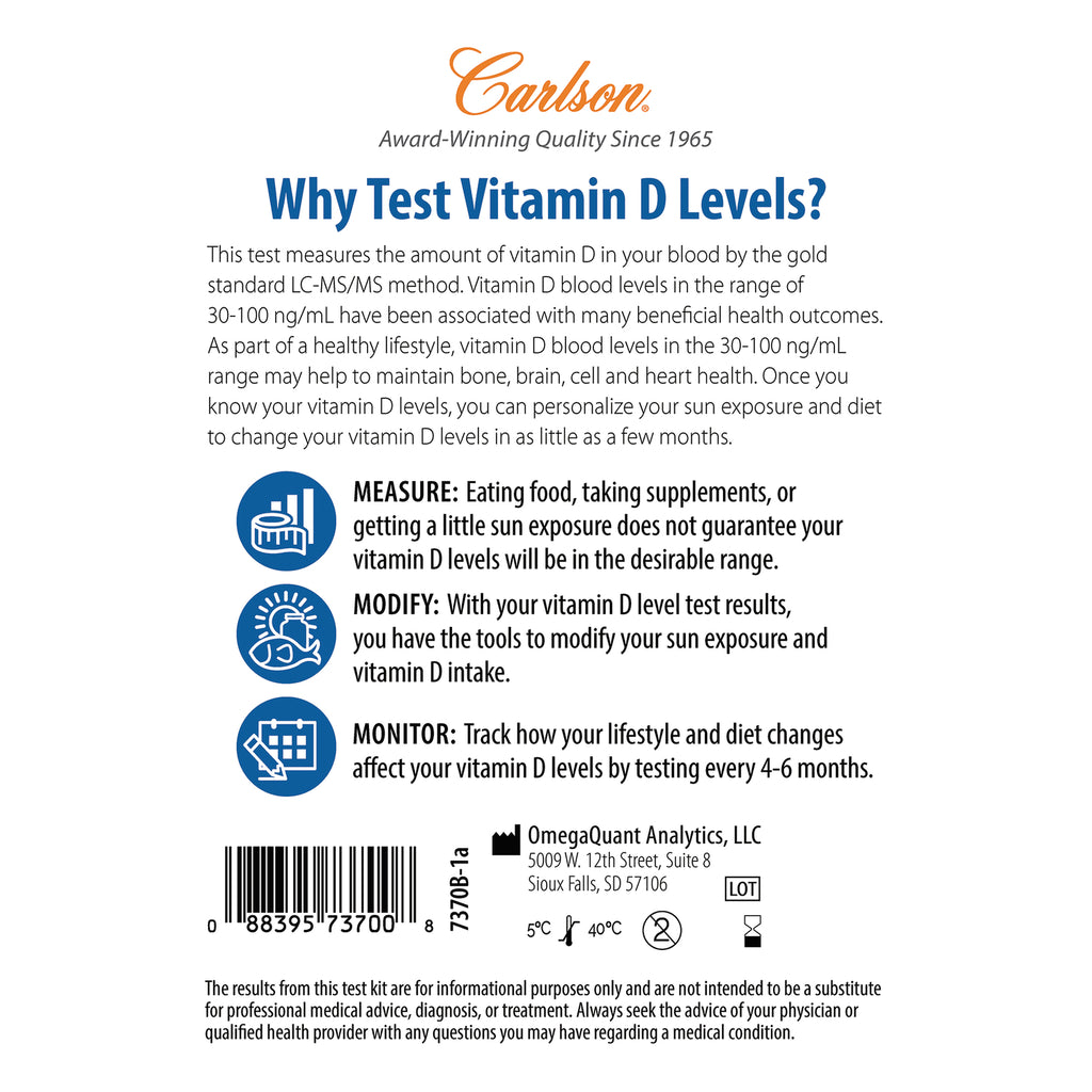 CSN336 | Back label of vitamin D test kit with measure, modify, monitor tips, barcode and OmegaQuant Analytics address - Thumbnail
