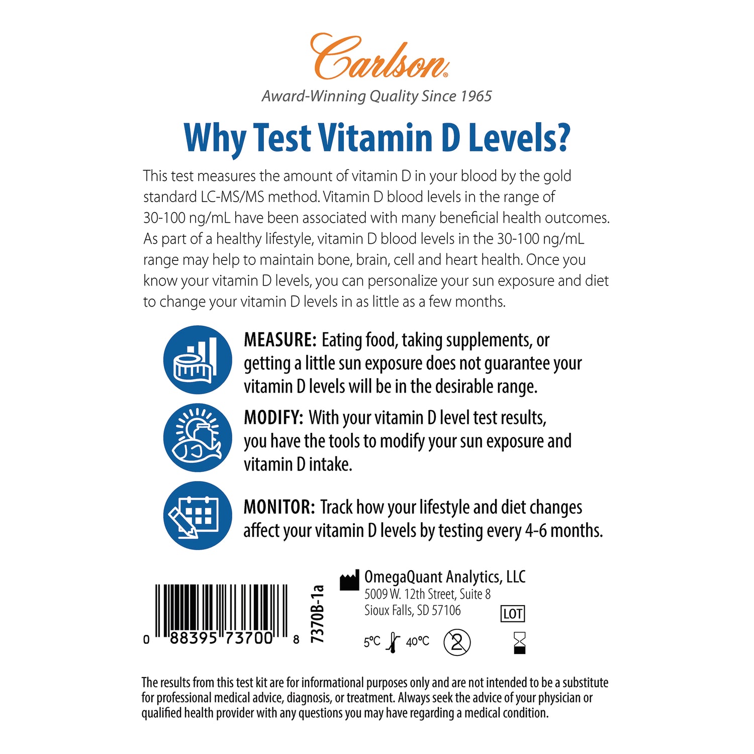 CSN336 | Back label of vitamin D test kit with measure, modify, monitor tips, barcode and OmegaQuant Analytics address