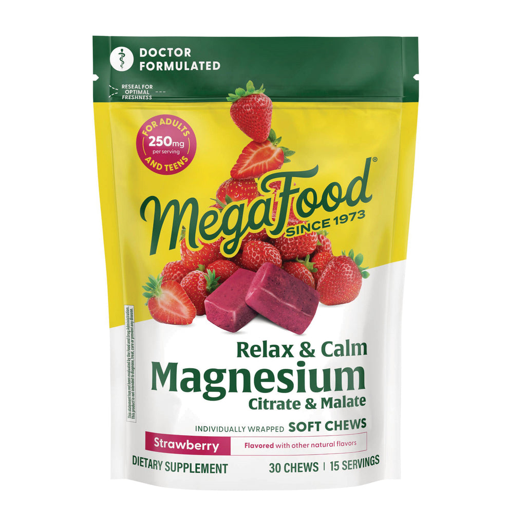 MGF132 | MegaFood Relax & Calm Magnesium Citrate & Malate strawberry soft chews front pouch - Thumbnail