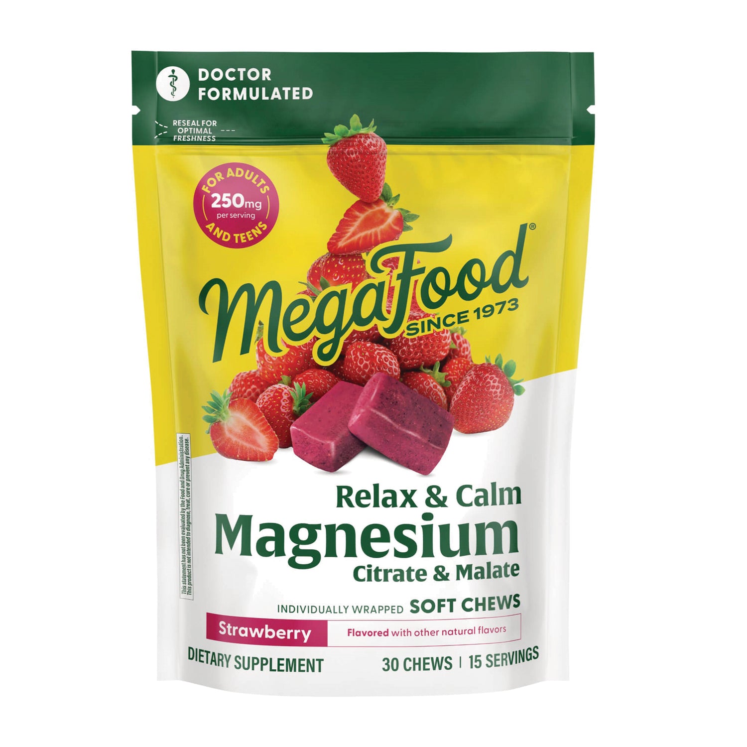 MGF132 | MegaFood Relax & Calm Magnesium Citrate & Malate strawberry soft chews front pouch