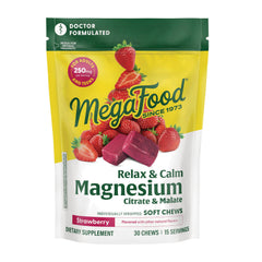 MGF132 | MegaFood Relax & Calm Magnesium Citrate & Malate strawberry soft chews front pouch