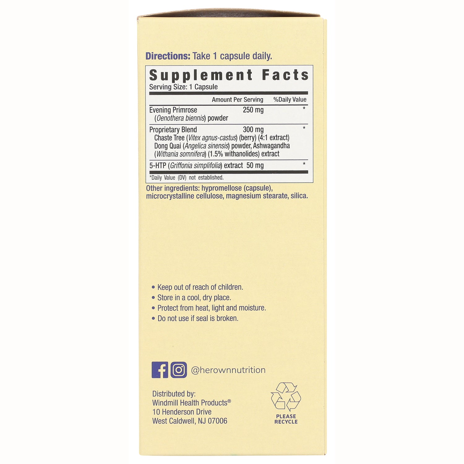 HO003 | Back panel showing Supplement Facts, serving size, ingredients, directions and storage instructions