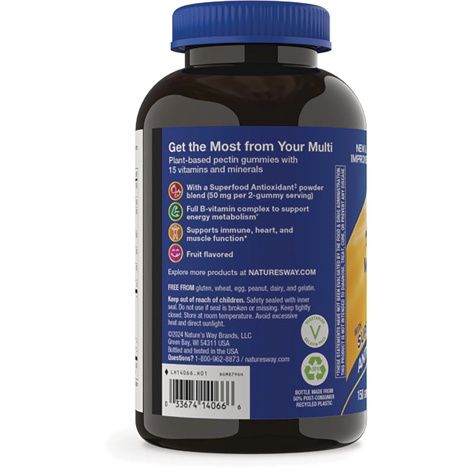 NW1032 | Back label of multivitamin gummy bottle showing product benefits, icons, barcode and warnings