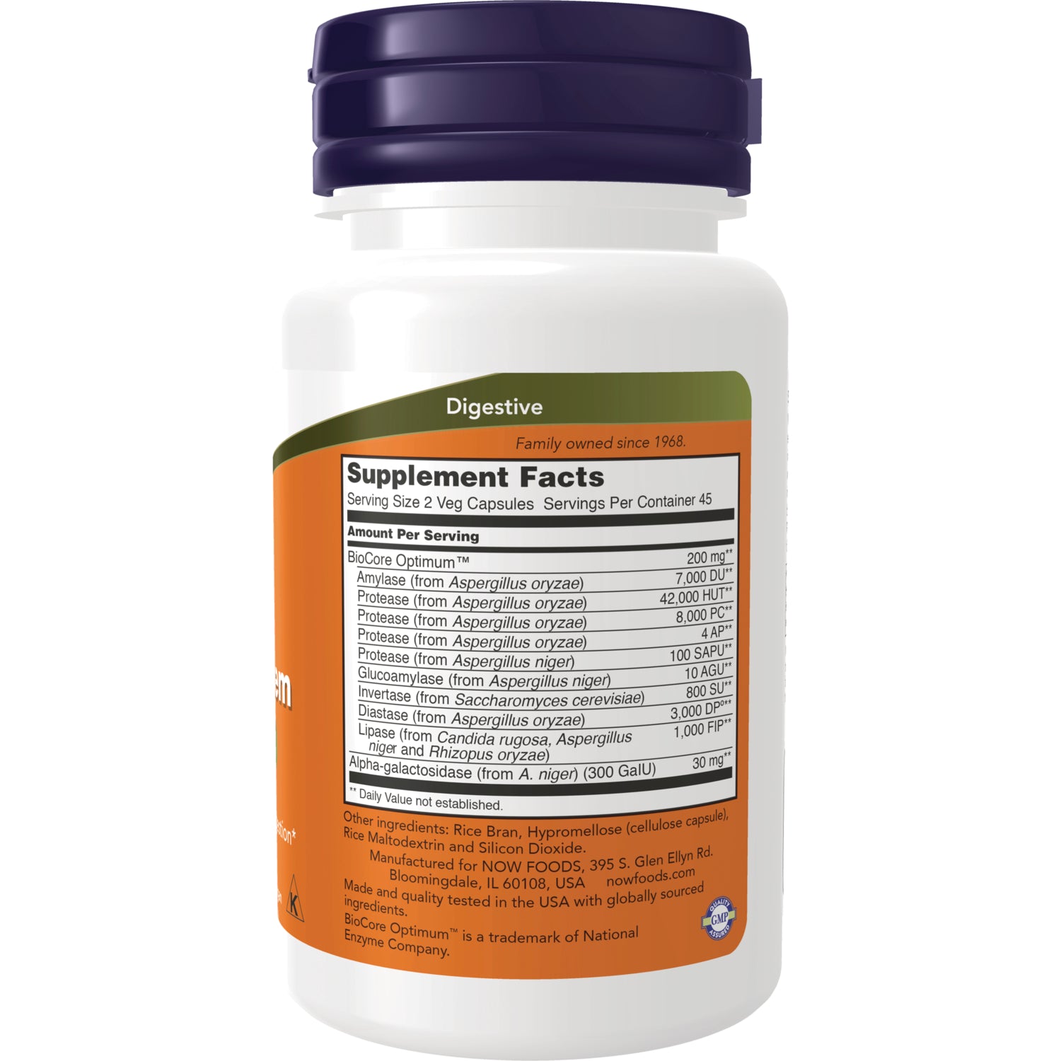 NWF500 | back of white supplement bottle showing Supplement Facts panel and ingredient text for digestive enzyme