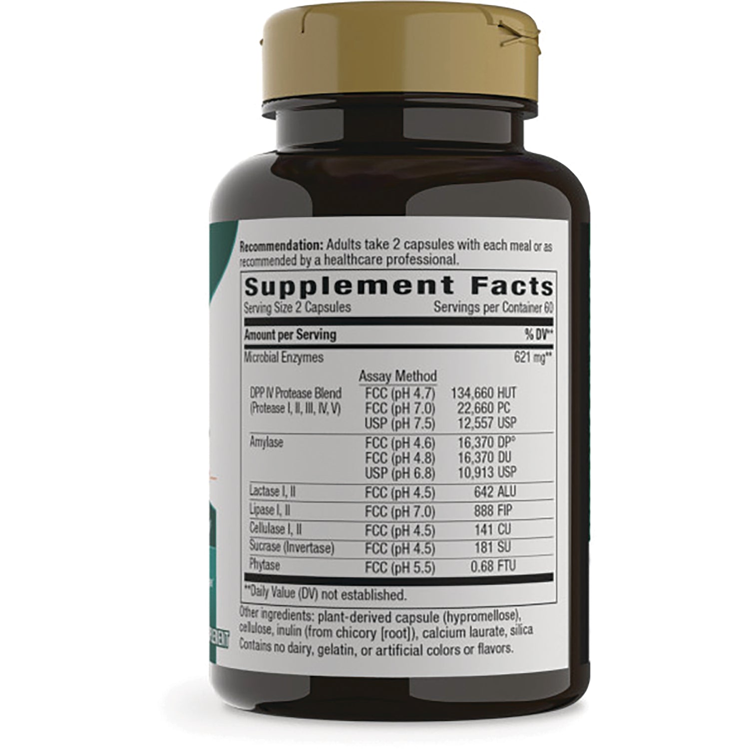 ET355 | Supplement Facts panel and ingredient list on back of brown supplement bottle, serving size 2 capsules