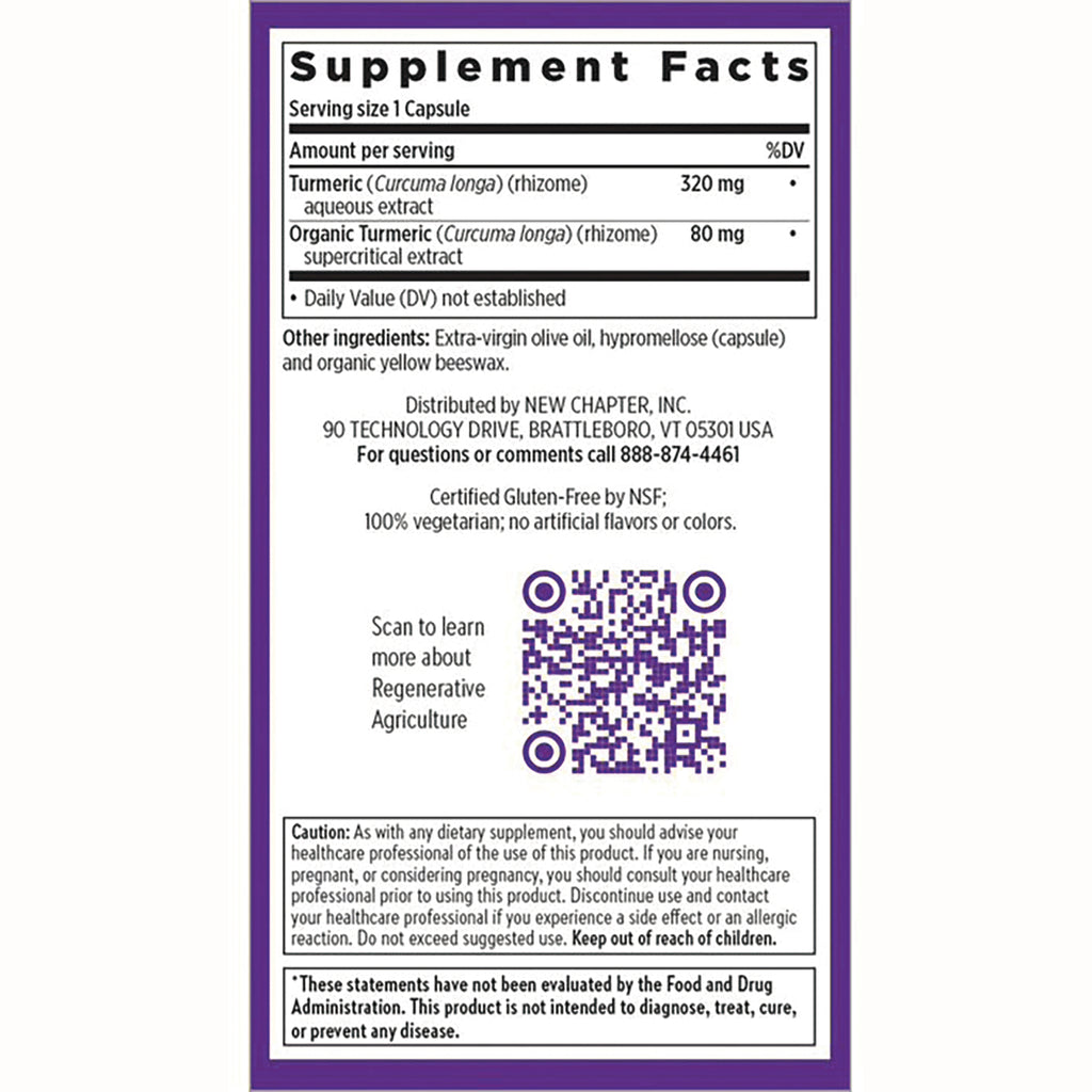 NWC259 | Supplement facts, ingredients, QR code and caution panel on back of turmeric capsule bottle - Thumbnail