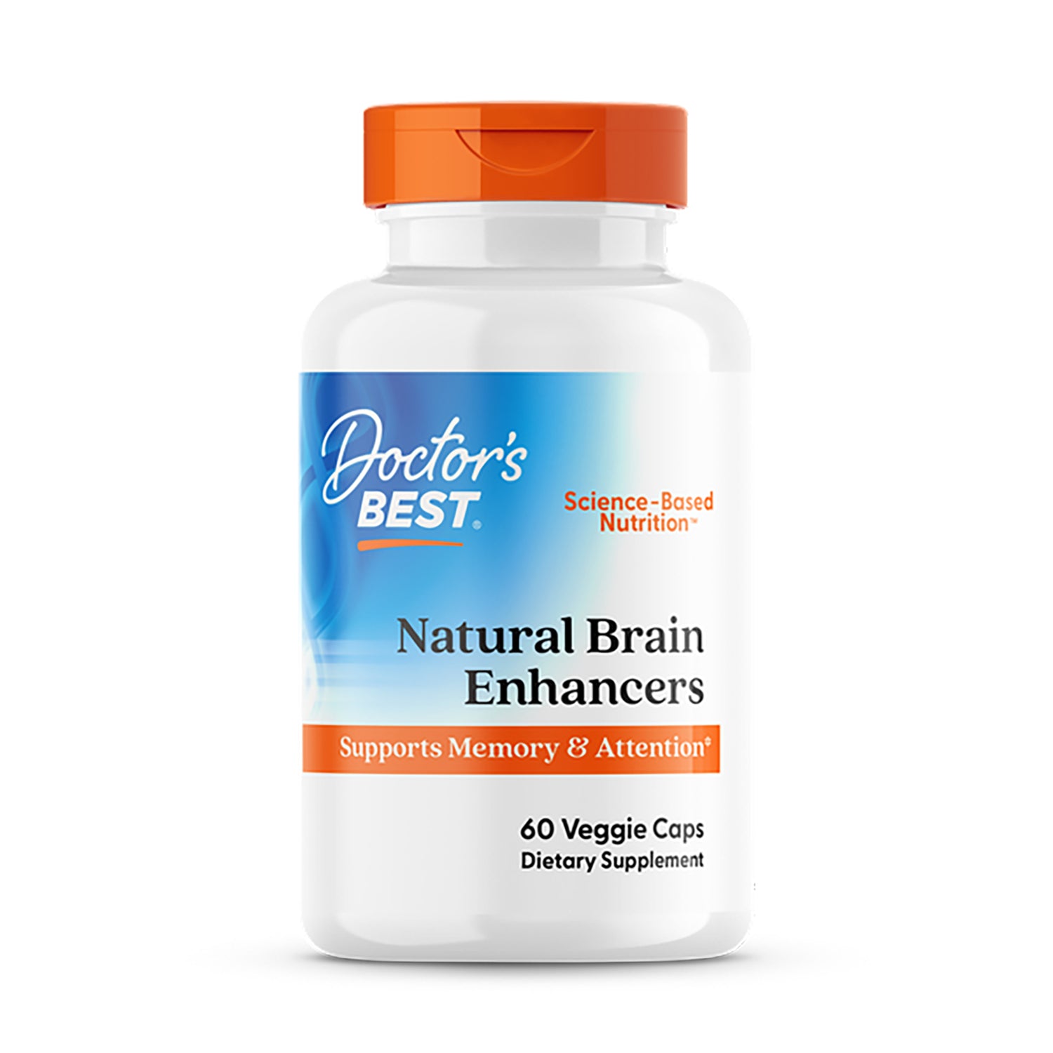 DB163 | White bottle of Doctor's Best Natural Brain Enhancers 60 Veggie Caps with orange cap