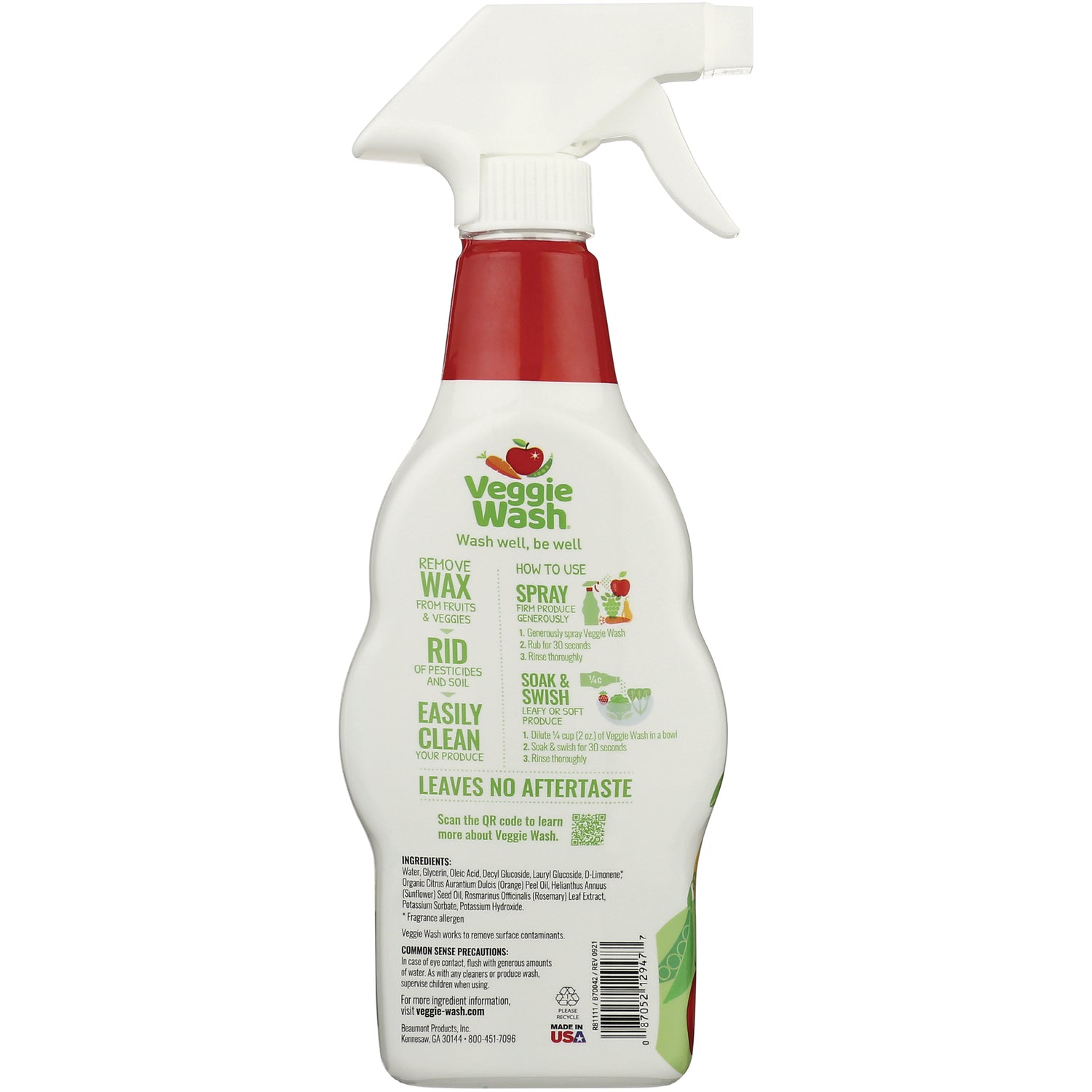 CTM005 | Back of Veggie Wash spray bottle showing usage instructions, ingredients, and QR code