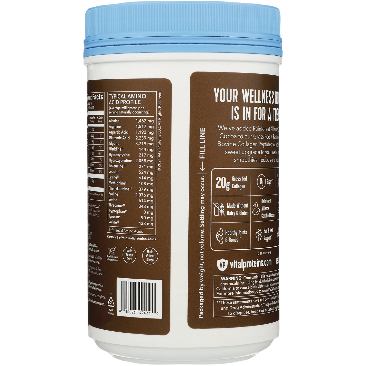 VPR052 | Back of Vital Proteins Collagen canister with amino acid profile and callouts: 20g collagen, 0g sugar, dairy & gluten free