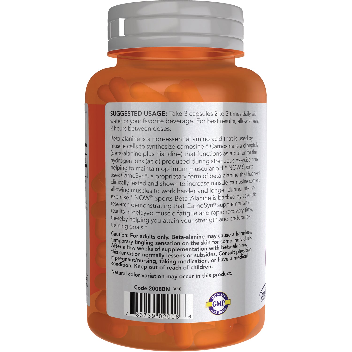 NWF729 | Back label of orange supplement bottle showing suggested usage, caution text, and barcode