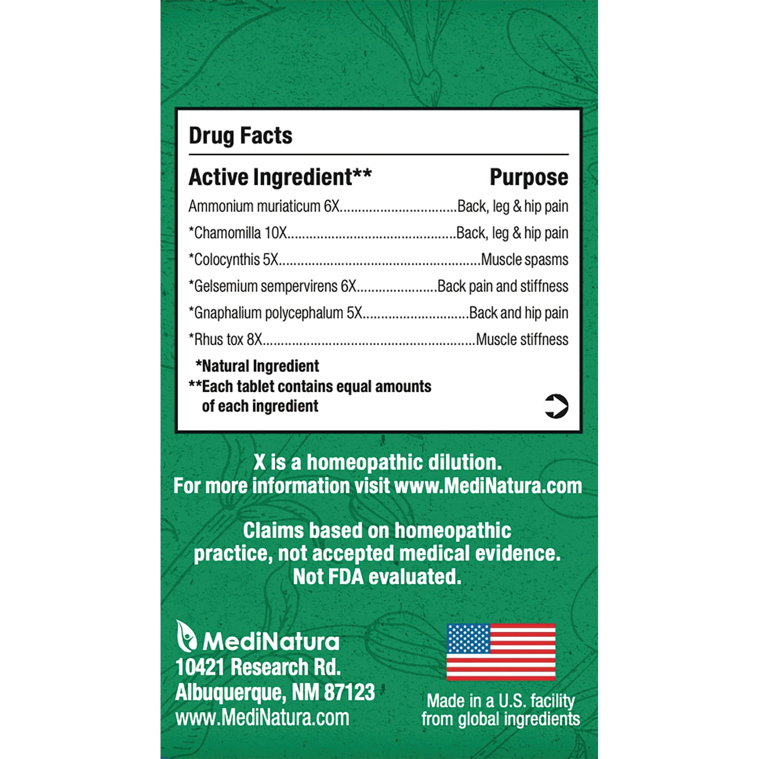 MNA035 | back of green MediNatura box showing Drug Facts panel with active ingredients and claims