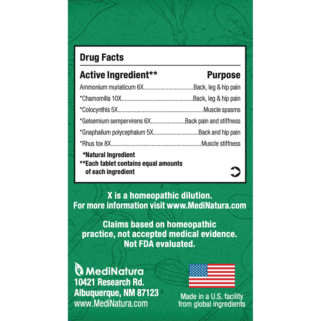 MNA035 | back of green MediNatura box showing Drug Facts panel with active ingredients and claims - Thumbnail