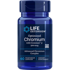LE345 | Blue Life Extension bottle labeled Optimized Chromium 500 mcg, 60 vegetarian capsules