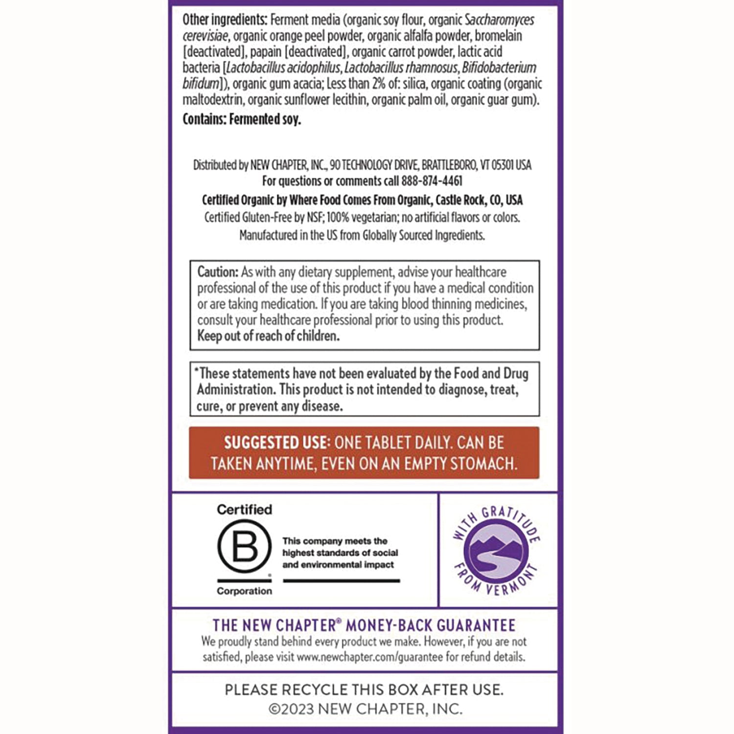 NWC240 | back panel showing ingredients, caution, suggested use and certification logos