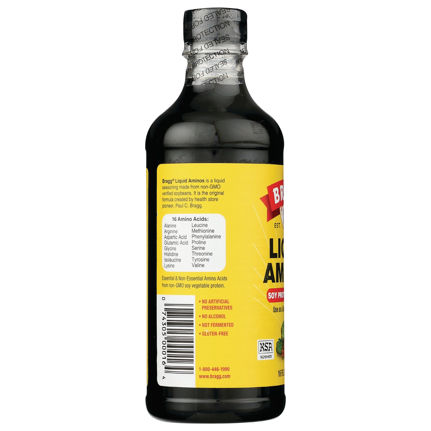 BR007 | Back of dark bottle showing yellow product label with amino acids panel, barcode and tamper seal