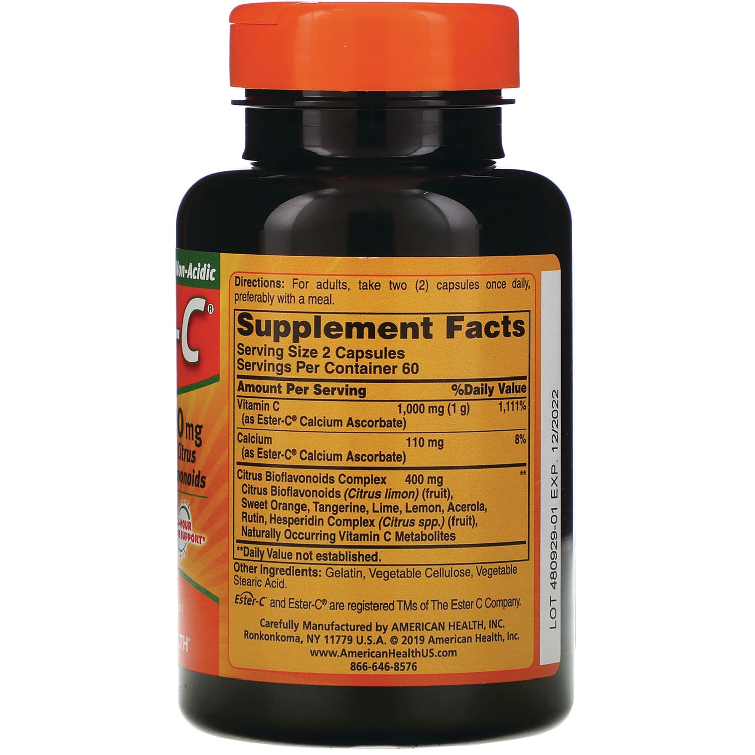 AM088 | Back label with Supplement Facts, directions, ingredients, and Vitamin C 1,000 mg per serving