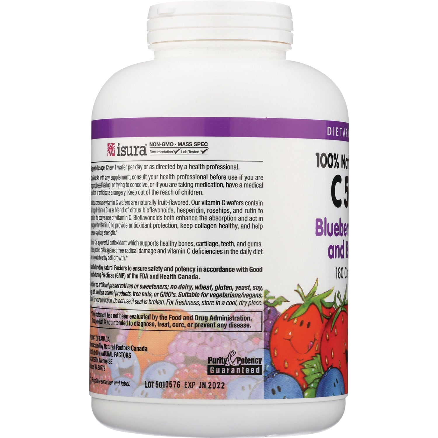 NFC091 | bottle back label showing supplement facts, usage text, and fruit illustrations