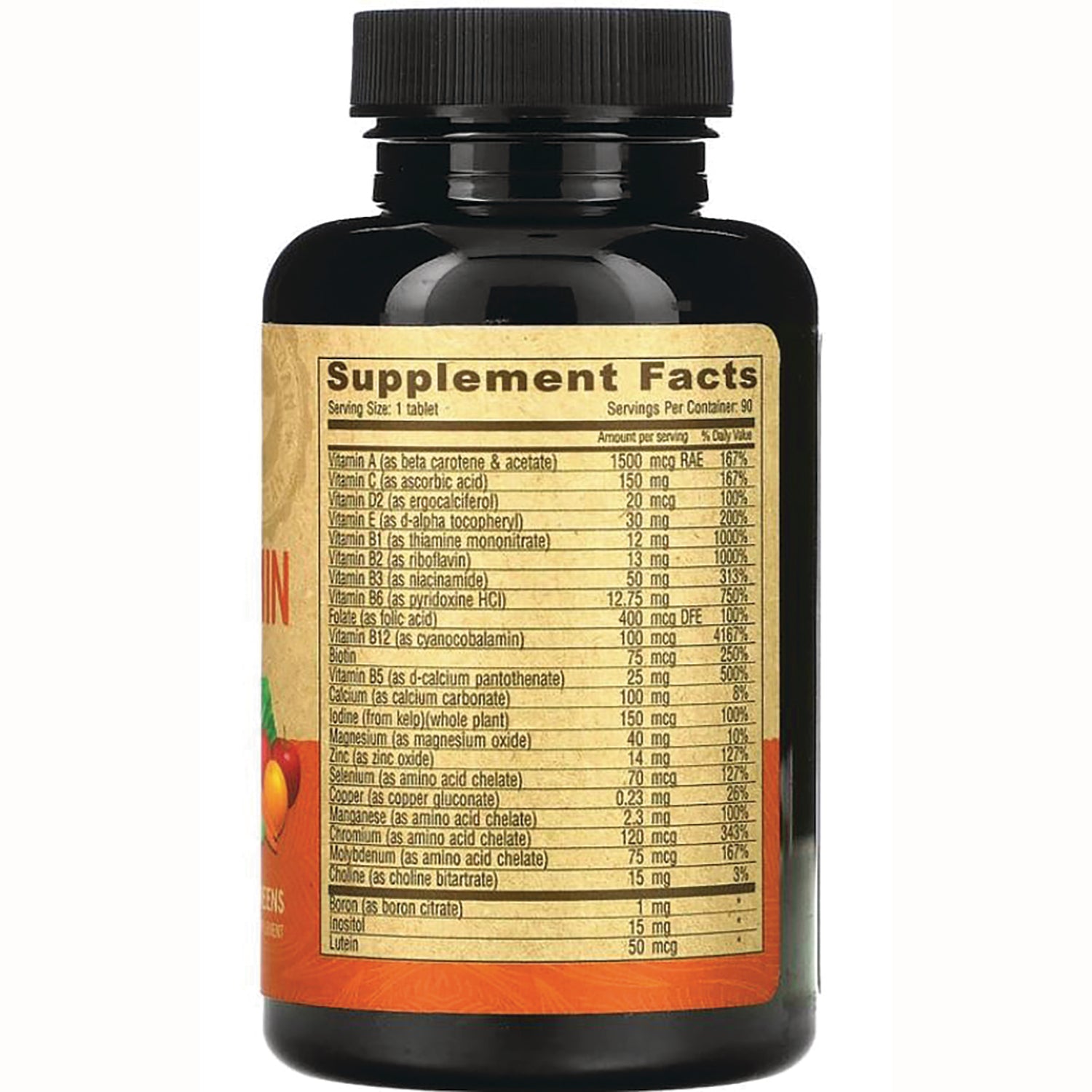 DEV002 | Back of brown supplement bottle showing Supplement Facts label listing vitamins and minerals