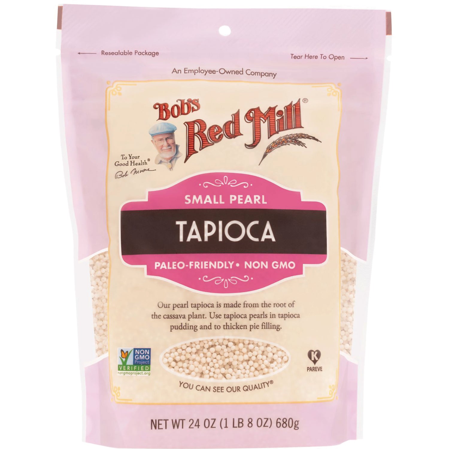 BOB413 | Bob's Red Mill small pearl tapioca bag labeled paleo-friendly non GMO, net wt 24 oz