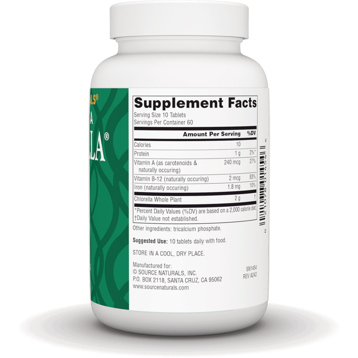 SN148 | back label showing Supplement Facts panel and suggested use on white and green supplement bottle