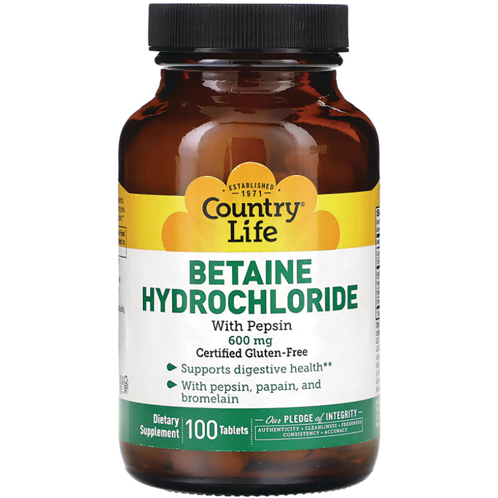 CRL408 | Country Life Betaine Hydrochloride with Pepsin 600 mg bottle, 100 tablets - Thumbnail