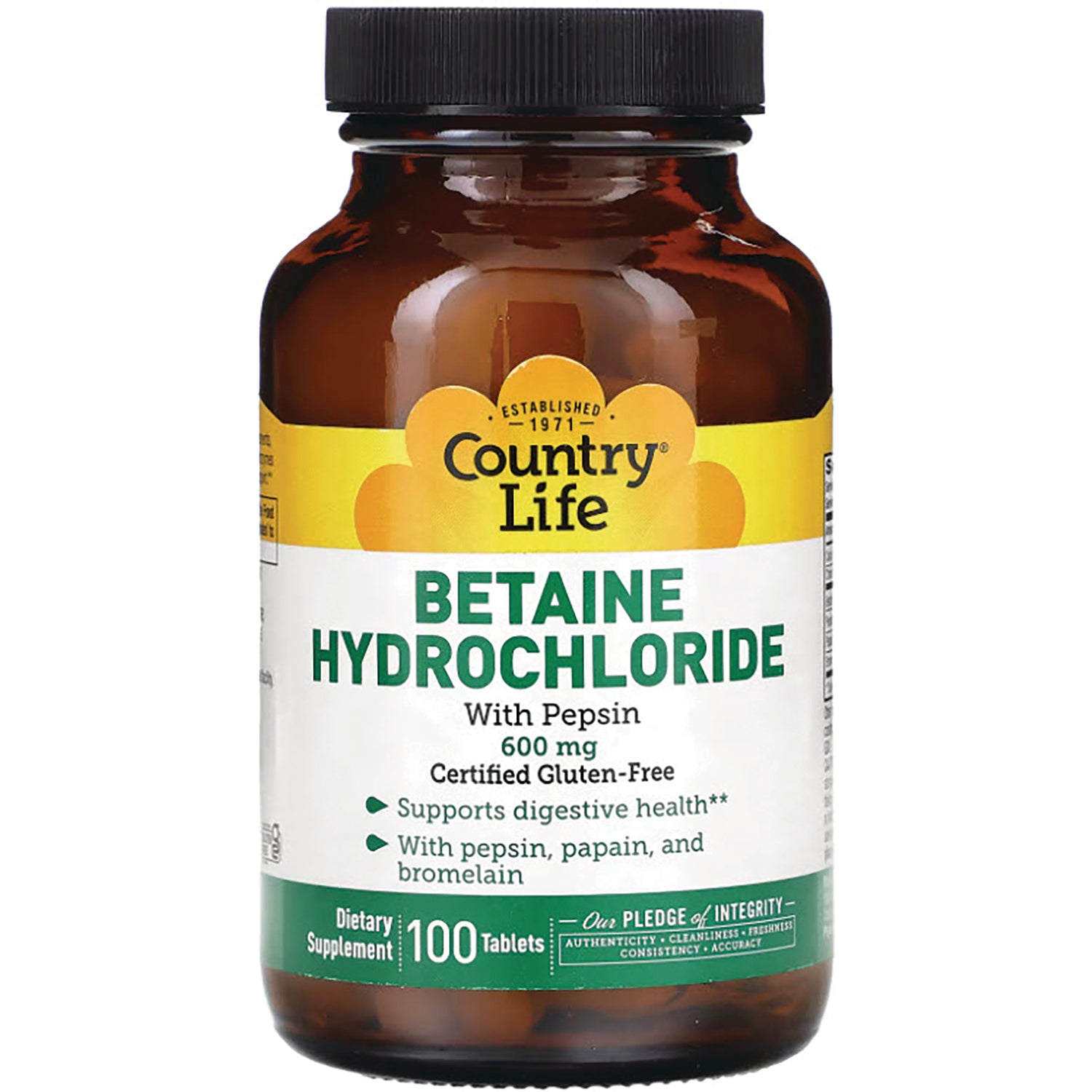 CRL408 | Country Life Betaine Hydrochloride with Pepsin 600 mg bottle, 100 tablets