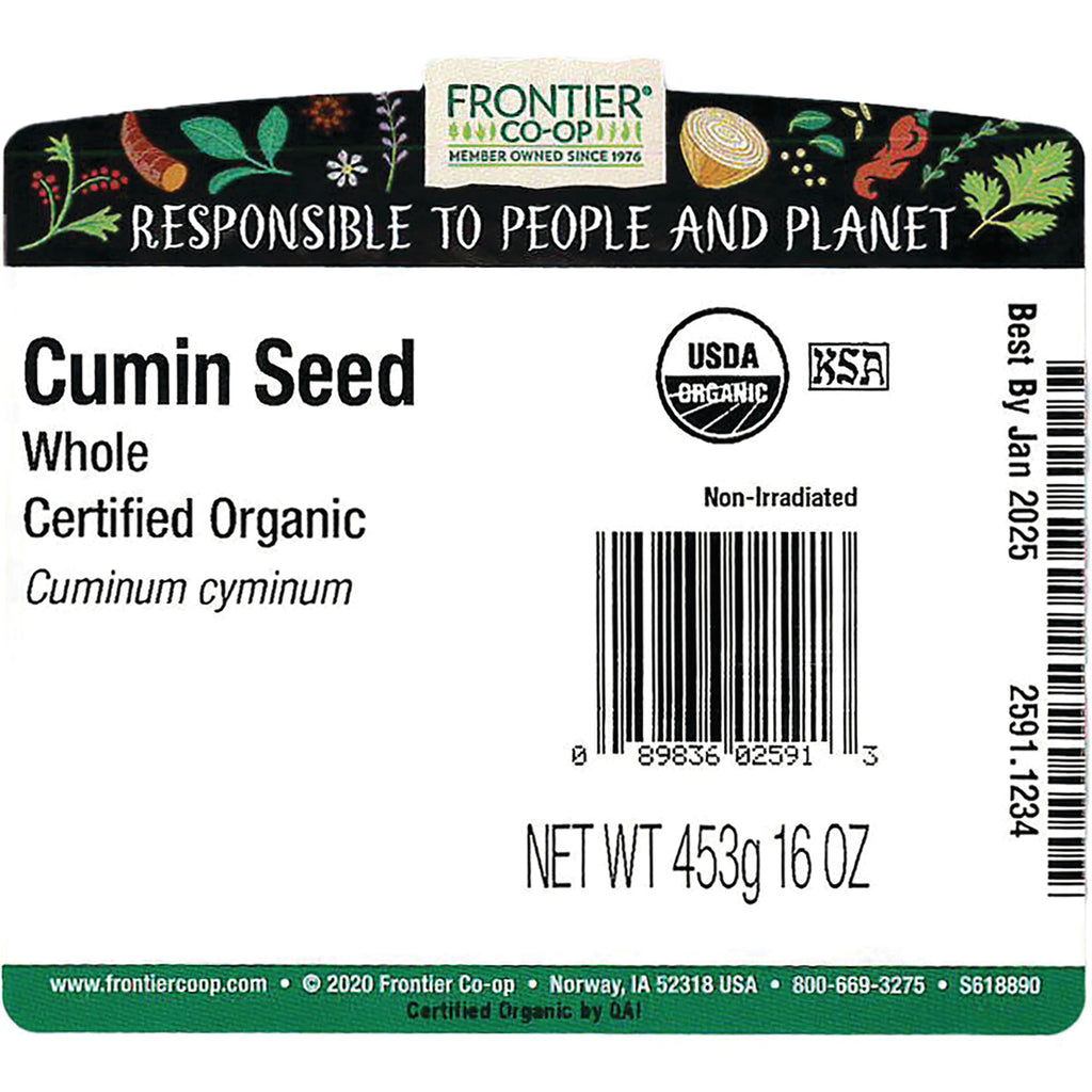 FNP078 | back label of Frontier Co-op whole cumin seed, certified organic, with barcode, USDA Organic seal, NET WT 453g 16 OZ, Best By Jan 2025 - Thumbnail