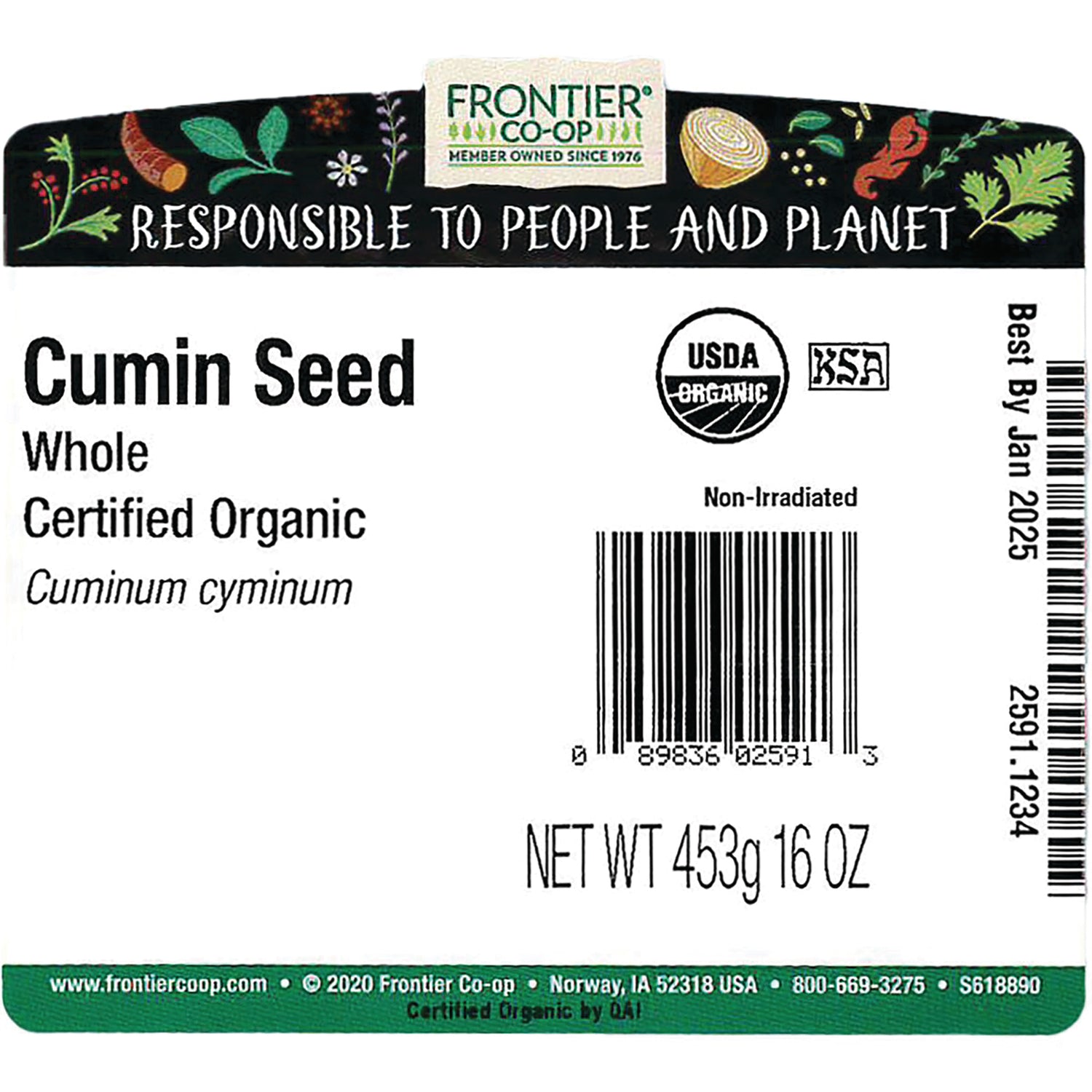 FNP078 | back label of Frontier Co-op whole cumin seed, certified organic, with barcode, USDA Organic seal, NET WT 453g 16 OZ, Best By Jan 2025