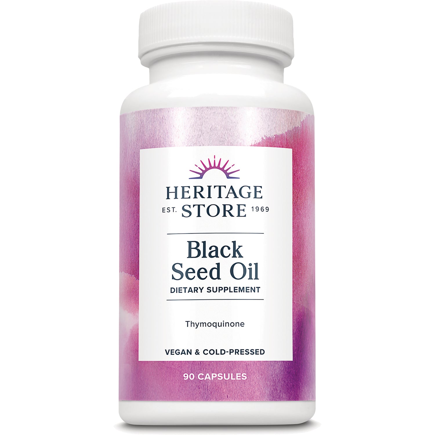 HTG106 | Heritage Store Black Seed Oil dietary supplement bottle, 90 capsules, vegan & cold-pressed